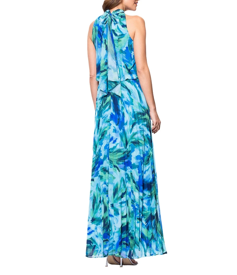Xscape Chiffon Multi Print Halter Neck Sleeveless Keyhole Pleated Blouson Gown