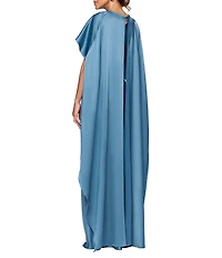 Xscape Crew Neck Cape Back Overlay Long Satin Dress