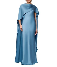 Xscape Crew Neck Cape Back Overlay Long Satin Dress