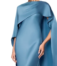 Xscape Crew Neck Cape Back Overlay Long Satin Dress
