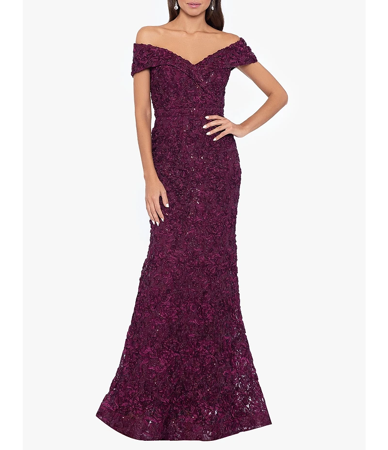 Xscape Embroidered Off-the-Shoulder Short Sleeve Lace A-line Gown