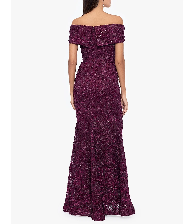 Xscape Embroidered Off-the-Shoulder Short Sleeve Lace A-line Gown