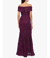 Xscape Embroidered Off-the-Shoulder Short Sleeve Lace A-line Gown