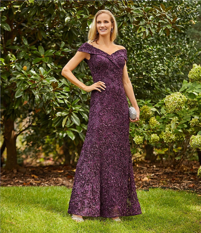Xscape Embroidered Off-the-Shoulder Short Sleeve Lace A-line Gown