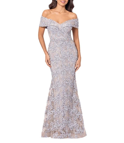 Xscape Embroidered Off-the-Shoulder Short Sleeve Lace A-line Gown
