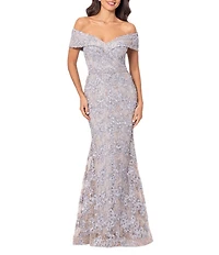 Xscape Embroidered Off-the-Shoulder Short Sleeve Lace A-line Gown