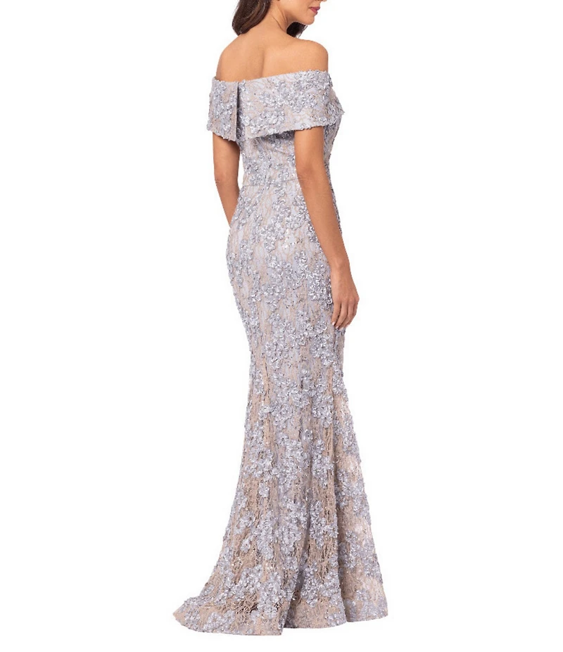 Xscape Embroidered Off-the-Shoulder Short Sleeve Lace A-line Gown