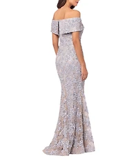 Xscape Embroidered Off-the-Shoulder Short Sleeve Lace A-line Gown