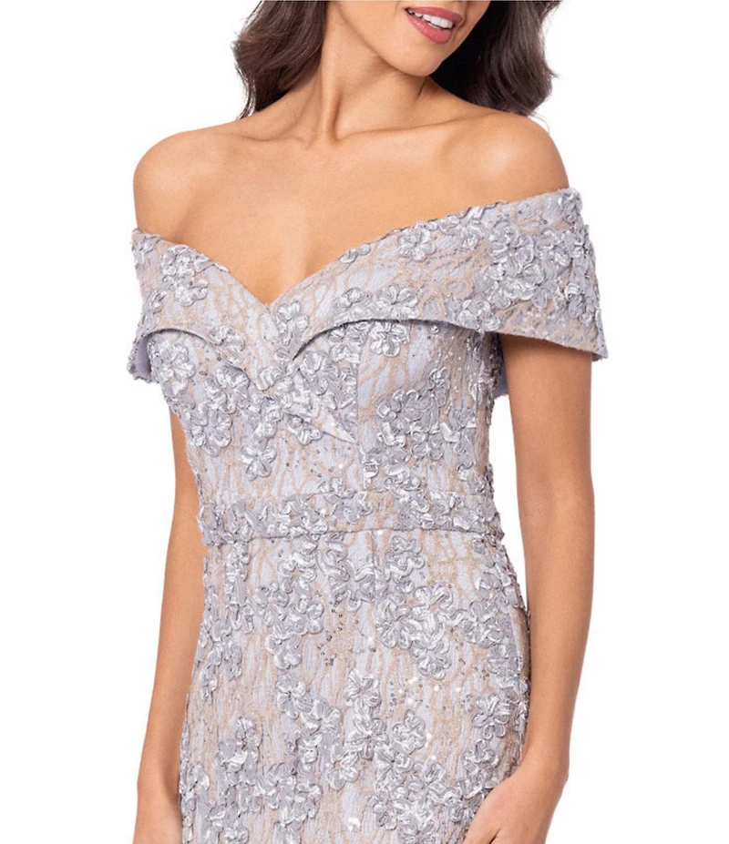 Xscape Embroidered Off-the-Shoulder Short Sleeve Lace A-line Gown