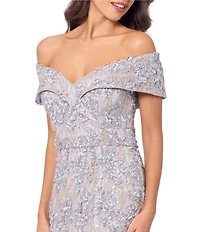 Xscape Embroidered Off-the-Shoulder Short Sleeve Lace A-line Gown