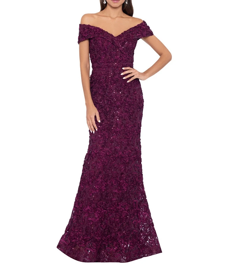 Xscape Embroidered Off-the-Shoulder Short Sleeve Lace A-line Gown