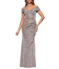 Xscape Off the Shoulder Ruffle Front Glitter Knit Gown