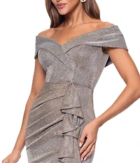 Xscape Off the Shoulder Ruffle Front Glitter Knit Gown