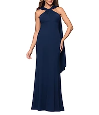 Xscape Halter Jersey Knit Scarf Neck Long Dress