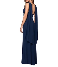 Xscape Halter Jersey Knit Scarf Neck Long Dress