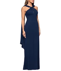 Xscape Halter Jersey Knit Scarf Neck Long Dress