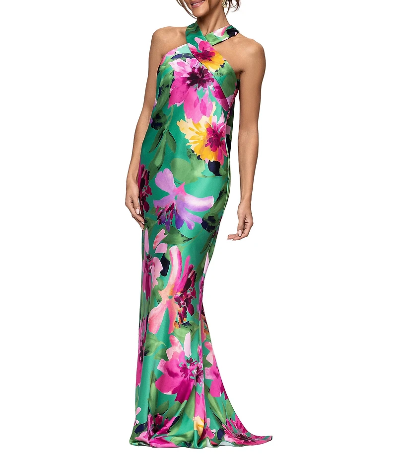 Xscape Halter Long Floral Print Satin Tie Neck Dress