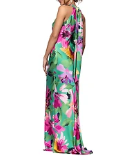 Xscape Halter Long Floral Print Satin Tie Neck Dress