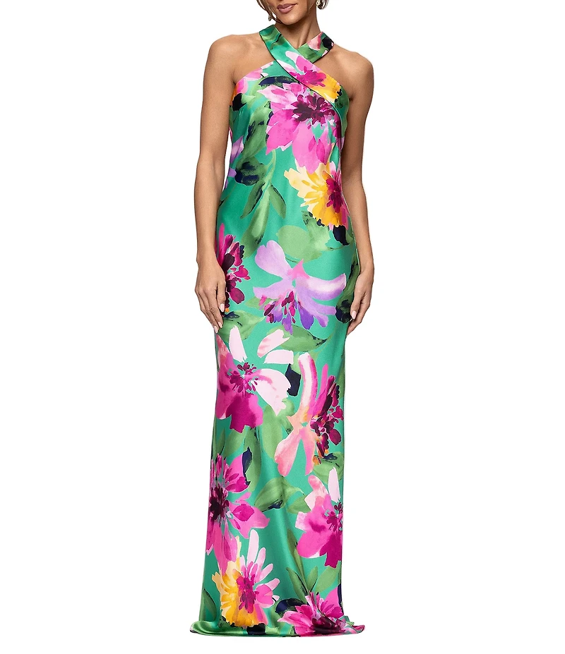 Xscape Halter Long Floral Print Satin Tie Neck Dress