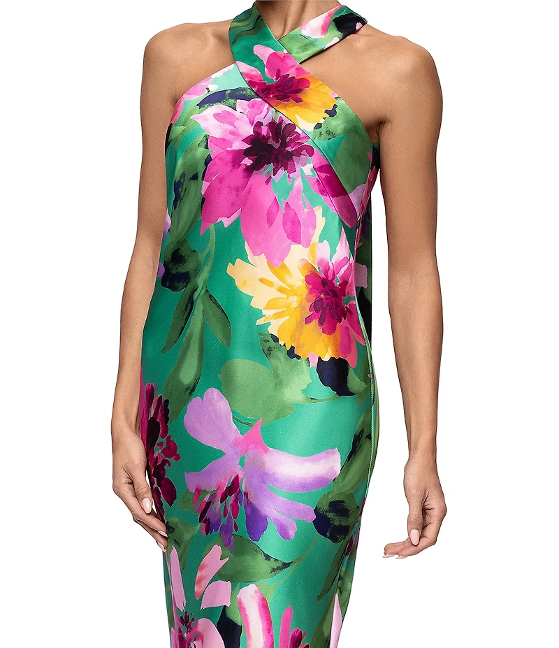 Xscape Halter Long Floral Print Satin Tie Neck Dress