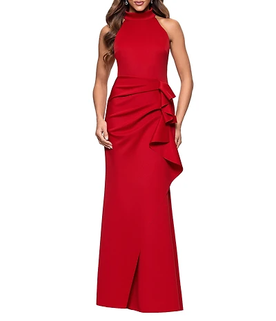 Xscape Halter Mock Neck Long Dress With Side Ruffle