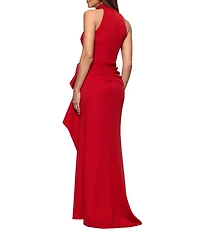 Xscape Halter Mock Neck Long Dress With Side Ruffle