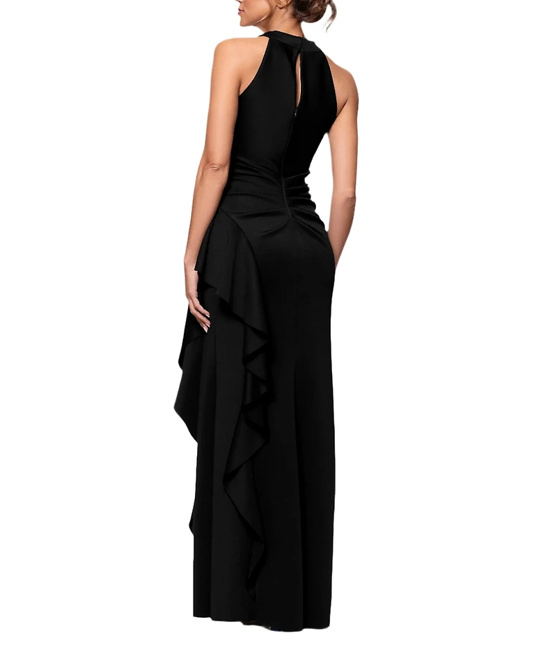 Xscape Halter Neck Scuba Crepe Side Ruffle Sheath Gown