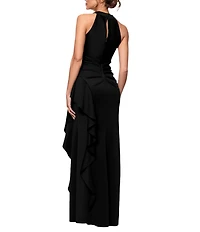 Xscape Halter Neck Scuba Crepe Side Ruffle Sheath Gown