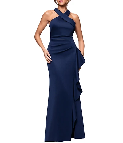 Xscape Halter Neck Scuba Crepe Side Ruffle Sheath Gown