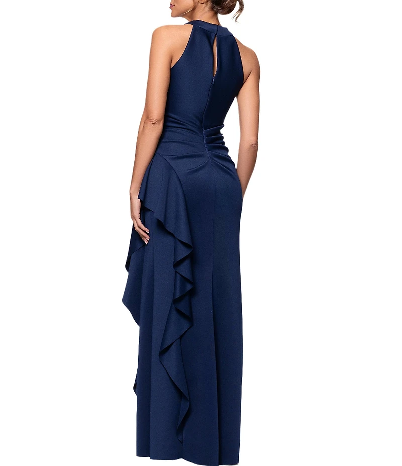 Xscape Halter Neck Scuba Crepe Side Ruffle Sheath Gown