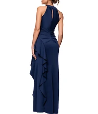 Xscape Halter Neck Scuba Crepe Side Ruffle Sheath Gown