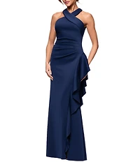 Xscape Halter Neck Scuba Crepe Side Ruffle Sheath Gown