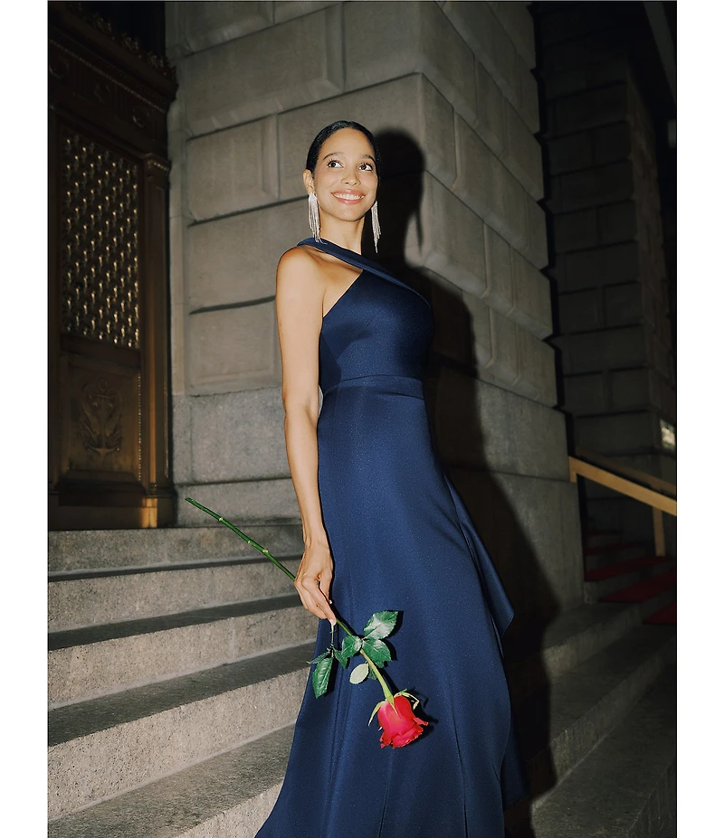Xscape Halter Neck Scuba Crepe Side Ruffle Sheath Gown