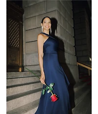 Xscape Halter Neck Scuba Crepe Side Ruffle Sheath Gown