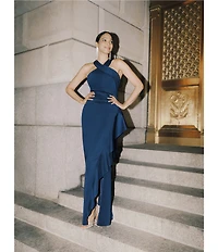 Xscape Halter Neck Scuba Crepe Side Ruffle Sheath Gown