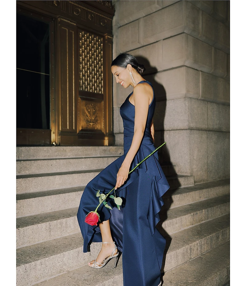 Xscape Halter Neck Scuba Crepe Side Ruffle Sheath Gown