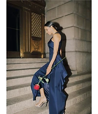 Xscape Halter Neck Scuba Crepe Side Ruffle Sheath Gown