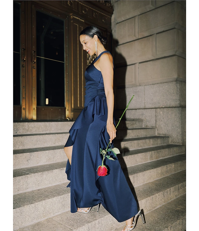 Xscape Halter Neck Scuba Crepe Side Ruffle Sheath Gown