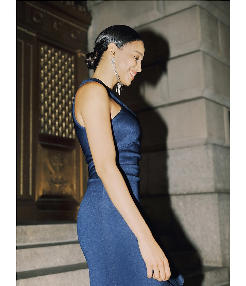 Xscape Halter Neck Scuba Crepe Side Ruffle Sheath Gown