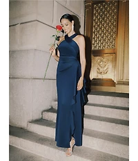 Xscape Halter Neck Scuba Crepe Side Ruffle Sheath Gown
