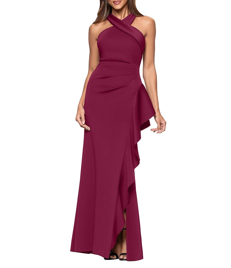 Xscape Halter Neck Scuba Crepe Side Ruffle Sheath Gown