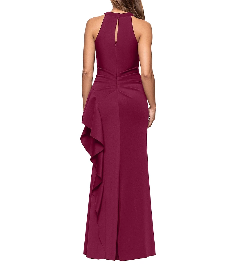 Xscape Halter Neck Scuba Crepe Side Ruffle Sheath Gown