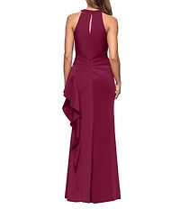 Xscape Halter Neck Scuba Crepe Side Ruffle Sheath Gown