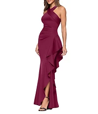 Xscape Halter Neck Scuba Crepe Side Ruffle Sheath Gown