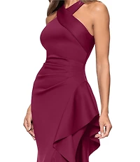 Xscape Halter Neck Scuba Crepe Side Ruffle Sheath Gown