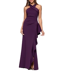 Xscape Halter Neck Scuba Crepe Side Ruffle Sheath Gown