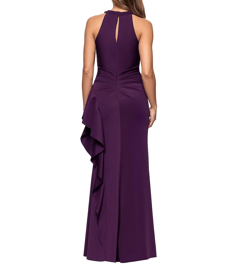 Xscape Halter Neck Scuba Crepe Side Ruffle Sheath Gown