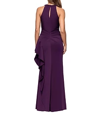 Xscape Halter Neck Scuba Crepe Side Ruffle Sheath Gown