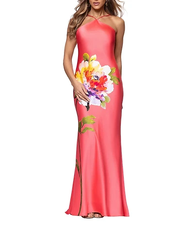 Xscape Halter Satin Placement Print Long Dress