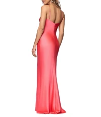 Xscape Halter Satin Placement Print Long Dress